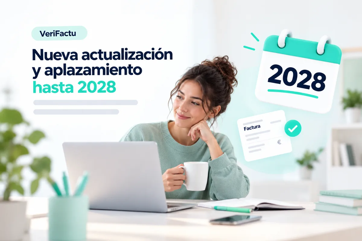 Calendario marcando 2028 junto a una factura verificada, ilustrando el aplazamiento de VeriFactu