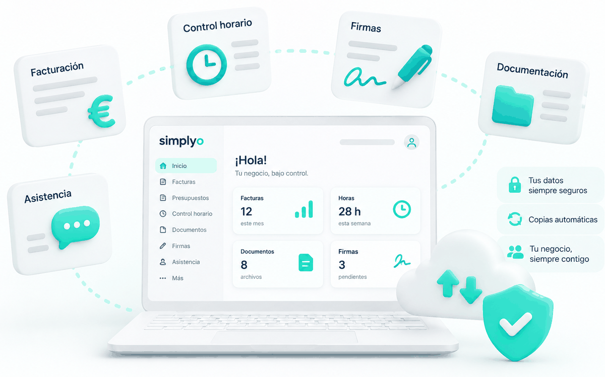 El panel de simplyo con facturación, control horario, firmas y documentos, respaldado por copias automáticas en la nube.